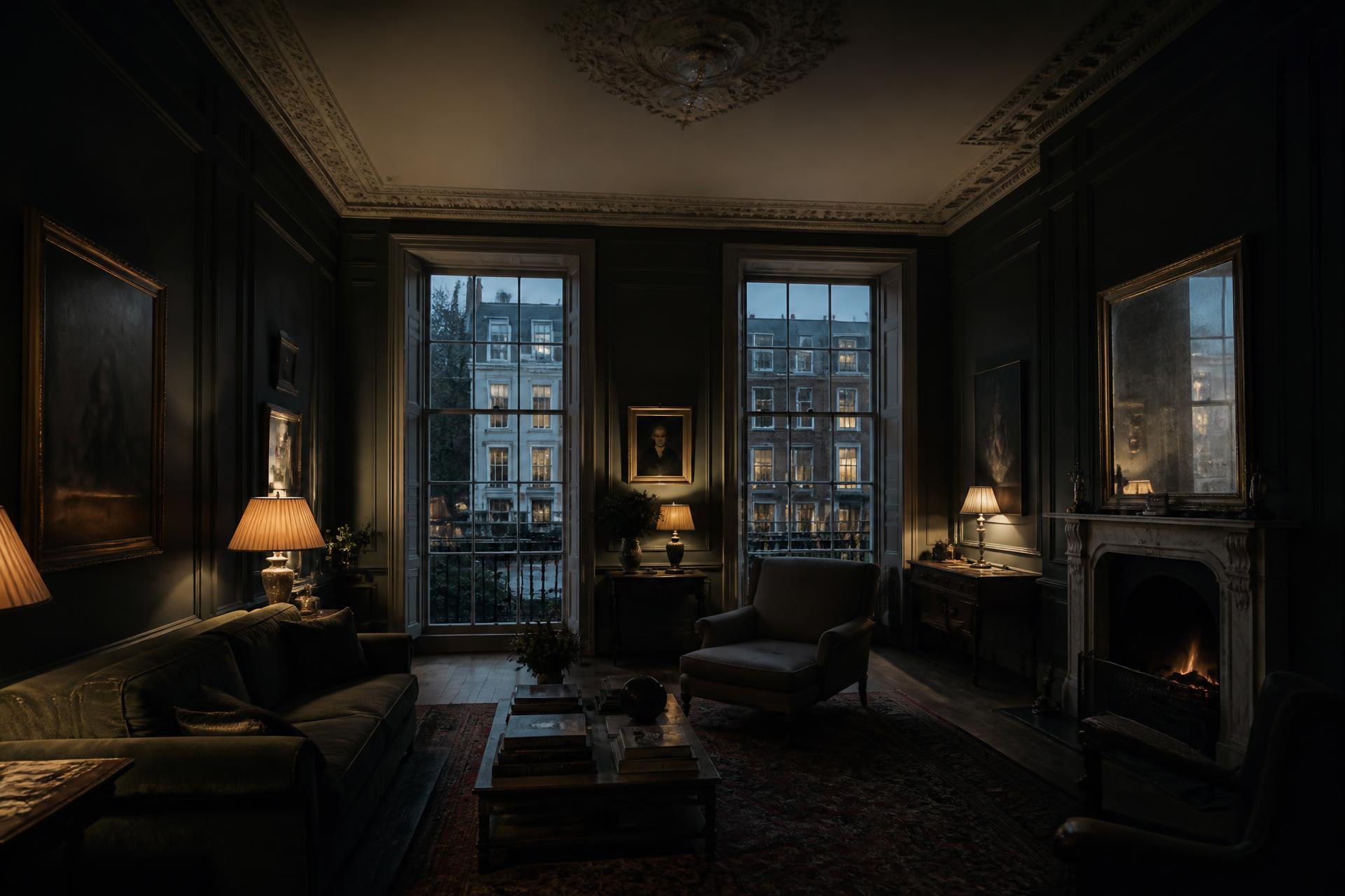 Candlelit Georgian townhouse drawing room in London with ornate cornice and panelled walls